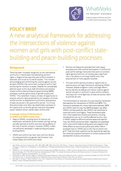 A new analytical framework for addressing the intersections of violence against women and girls with post-conflict statebuilding and peace-building processes
