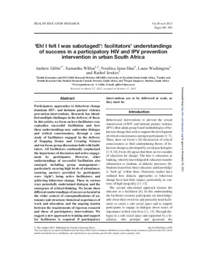 Facilitators’ understandings of success in a participatory HIV and IPV prevention intervention in urban South Africa