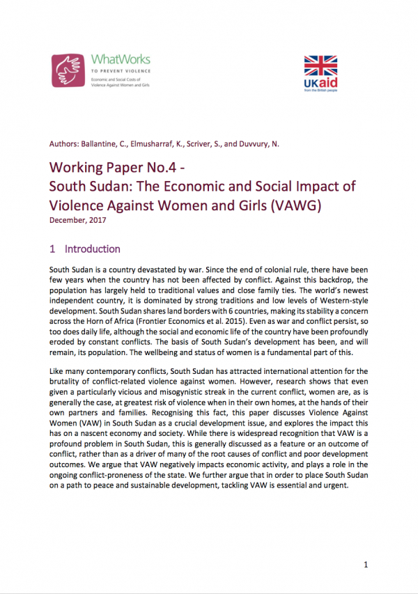 Working Paper No.4 - South Sudan: The Economic and Social Impact of Violence Against Women and Girls (VAWG)